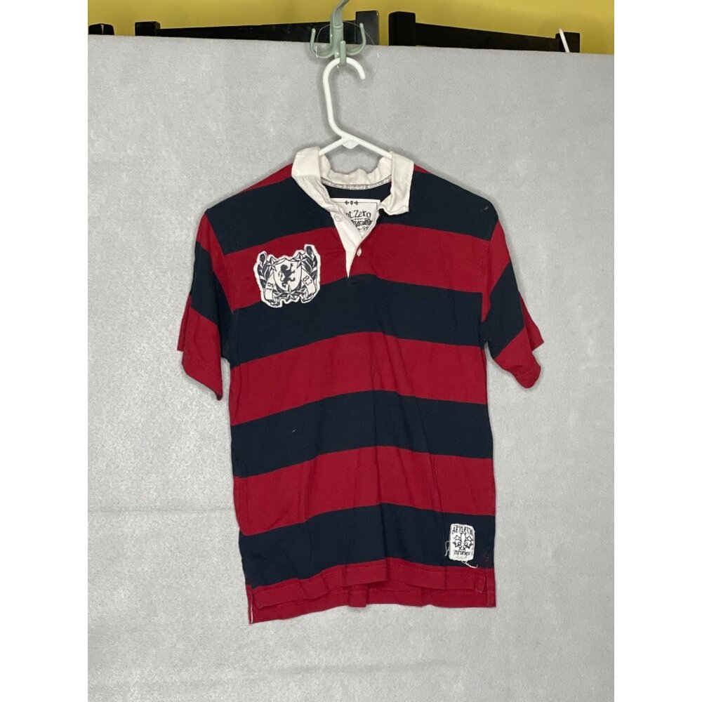 Vintage Point Zero Rugby Shirt Red Navy Striped Boys Medium 1983 Crest Design